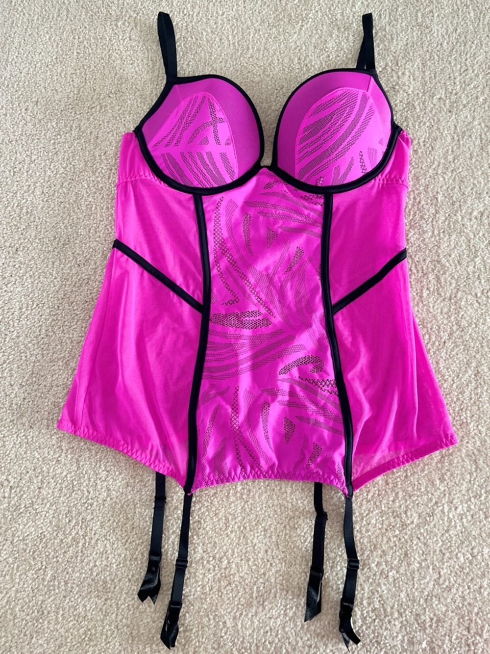 La Senza Hot Pink & Black Mesh Bustier Corset with Garters and Removable Padding - Picture 1 of 11